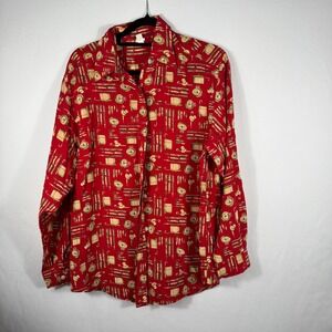 Vintage Silk Novelty Print Shirt Size 10 Red Pen Clock Umbrella Button Up